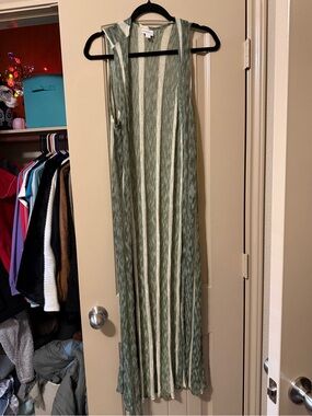 LuLaRoe Joy Long Duster Vest Small Olive Green Cream Stripe